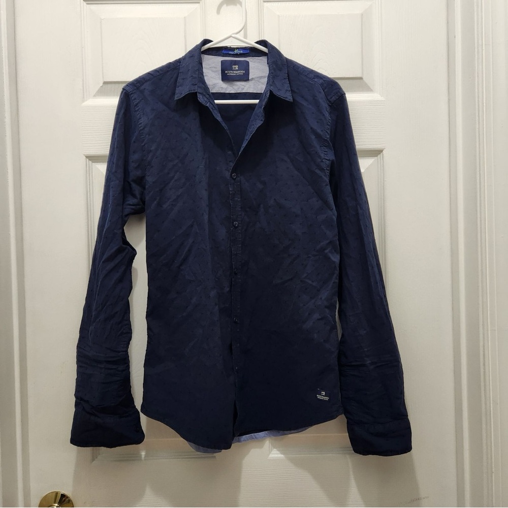 Scotch & Soda Men's Navy Textured Dot Print Long Sleeve Button Down Shirt